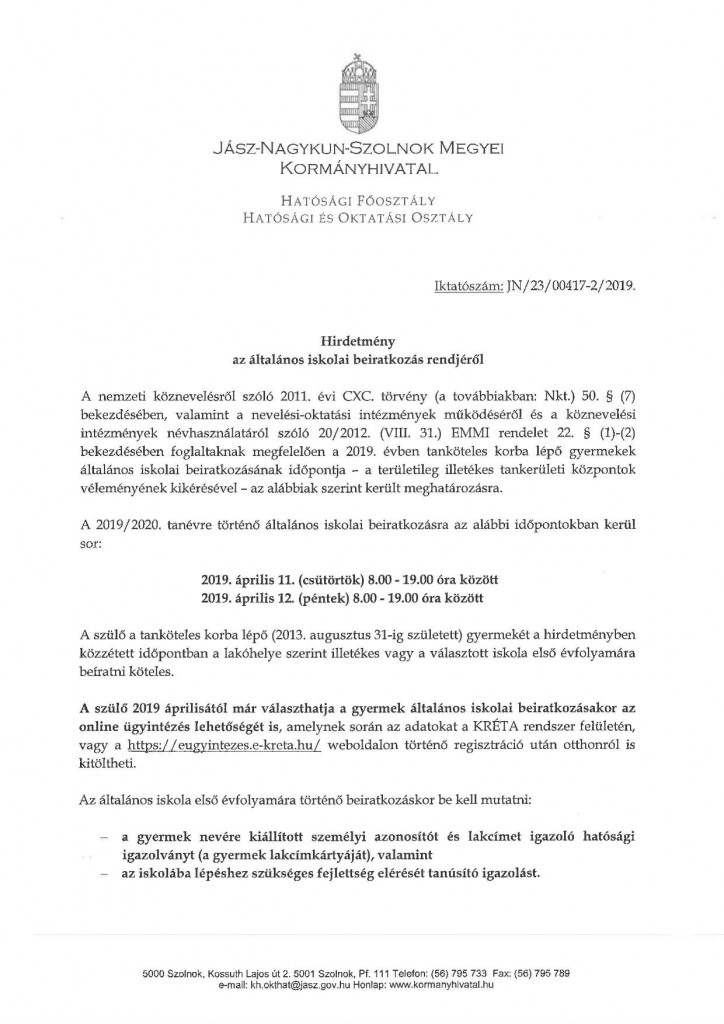 Hirdetmény az általános iskolai beiratkozás rendjéről 2019